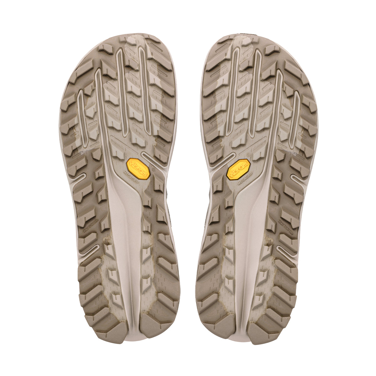 Men's Altra Olympus 7 Trail Running Shoes Plaza Taupe Fungi Birch sole view displaying Vibram Megagrip outsole with TractionLug for fierce adaptive grip on wet and dry technical trail terrain
