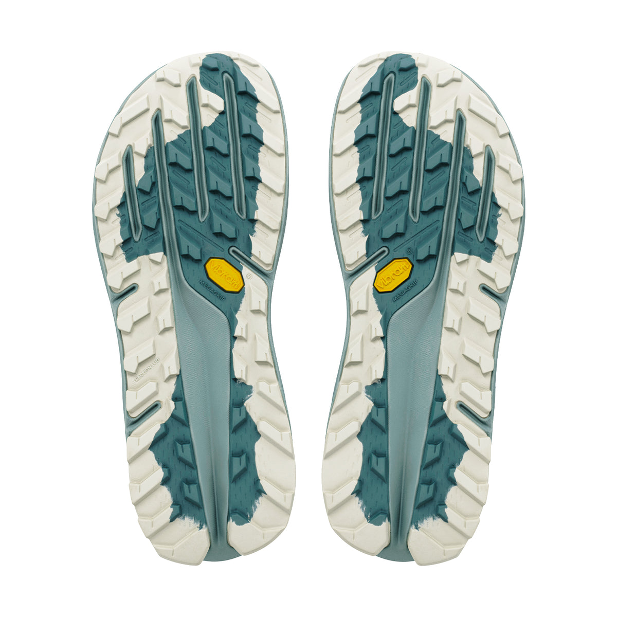 Men's Altra Olympus 7 Trail Running Shoes Ultimate Grey Sea Pine sole view displaying Vibram Megagrip outsole with TractionLug for fierce adaptive grip on wet and dry technical trail terrain