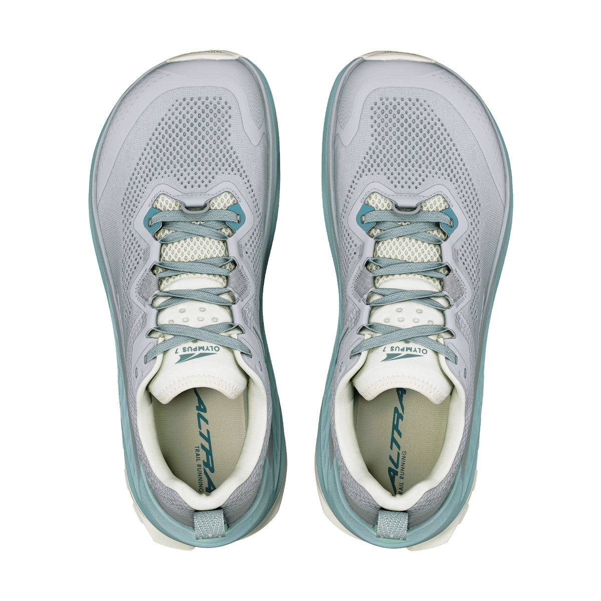 Men's Altra Olympus 7 Trail Running Shoes Ultimate Grey Sea Pine top view showing breathable engineered mesh upper with moulded TPU overlays, plusher tongue and GaiterTrap hook-and-loop tab