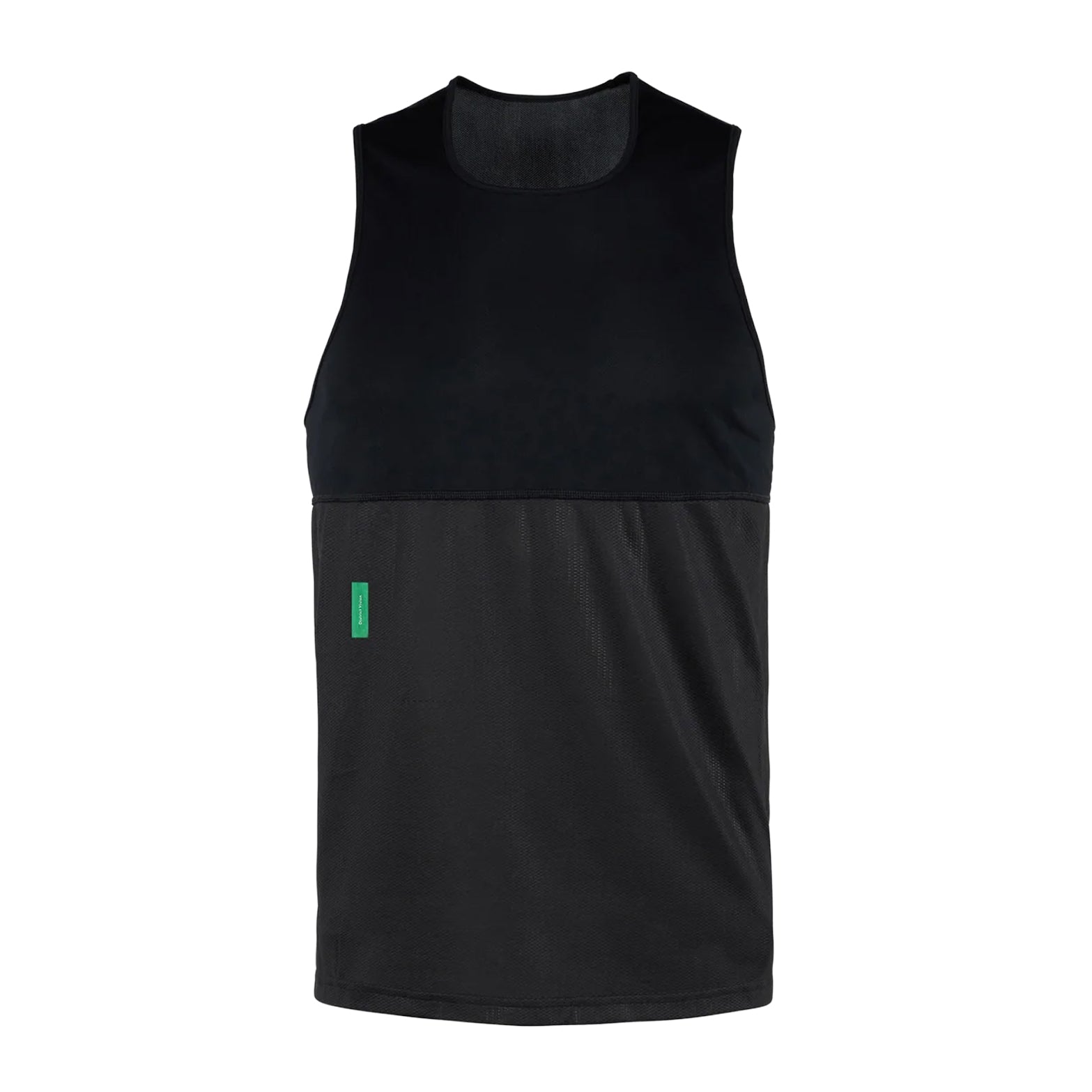 District Vision Men's Paneled Training Singlet Black front product view showing breathable panel construction with moisture-wicking fabric for performance running