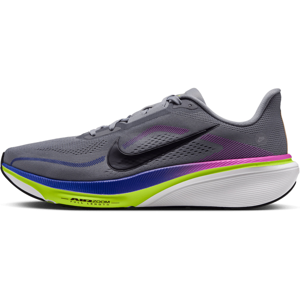 A Stealth gray Nike Men’s Pegasus 42 RSG running shoe, showcasing a large black Swoosh with vibrant Purple Dynasty and Volt accents on the sole, plus Air Zoom cushioning for comfort and performance on road runs—side view.