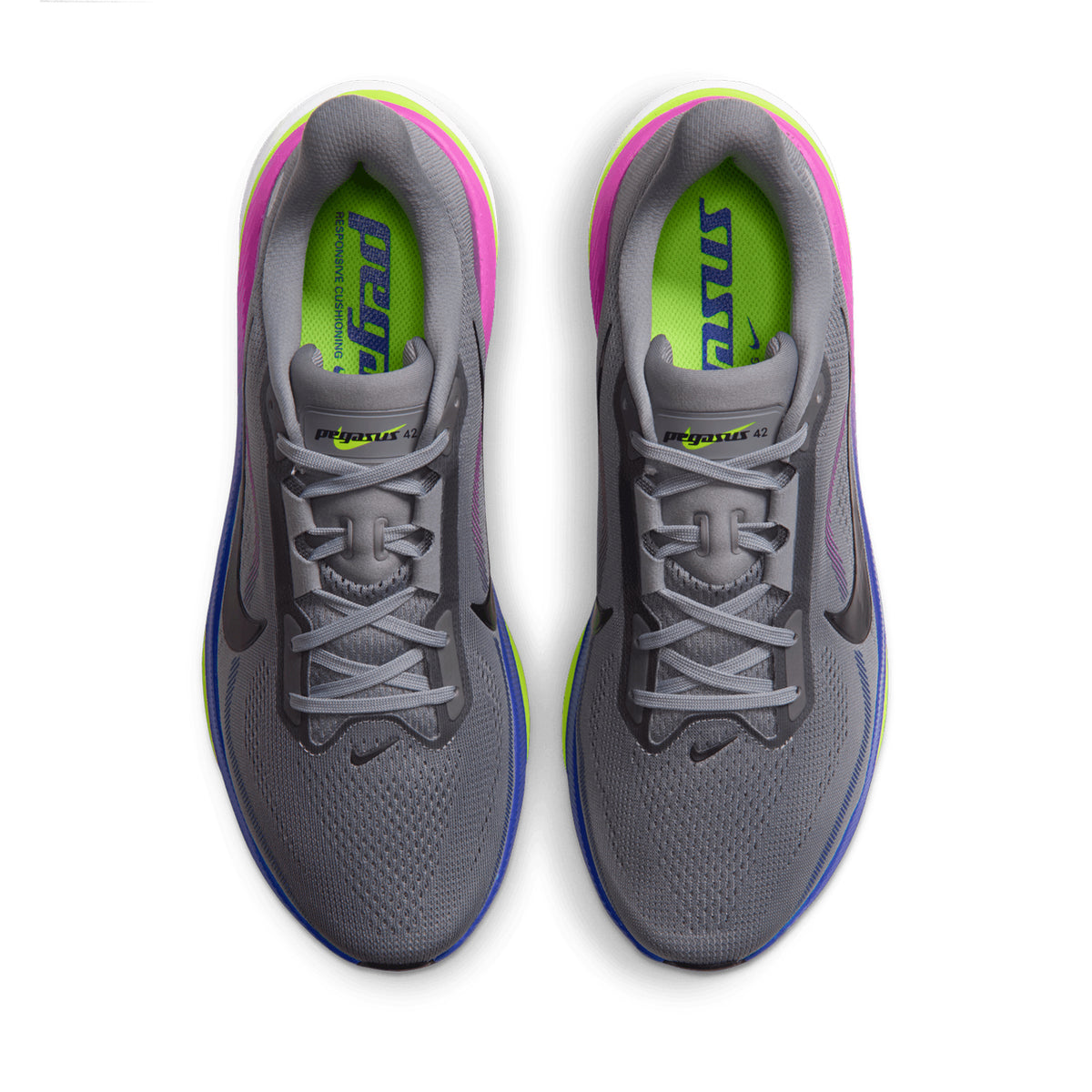 A pair of Nike Men’s Pegasus 42 RSG Running Shoes in Stealth, Purple Dynasty, and Volt, viewed from above on a white background.