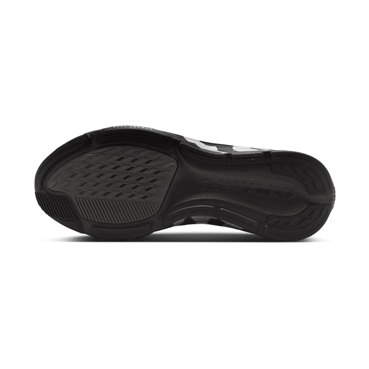 Nike Pegasus 42 men's running shoe in Black / Medium Ash / Metallic Silver — outsole view showing updated Waffle tread pattern with high-abrasion rubber, flex grooves and medium ash ReactX midsole stack