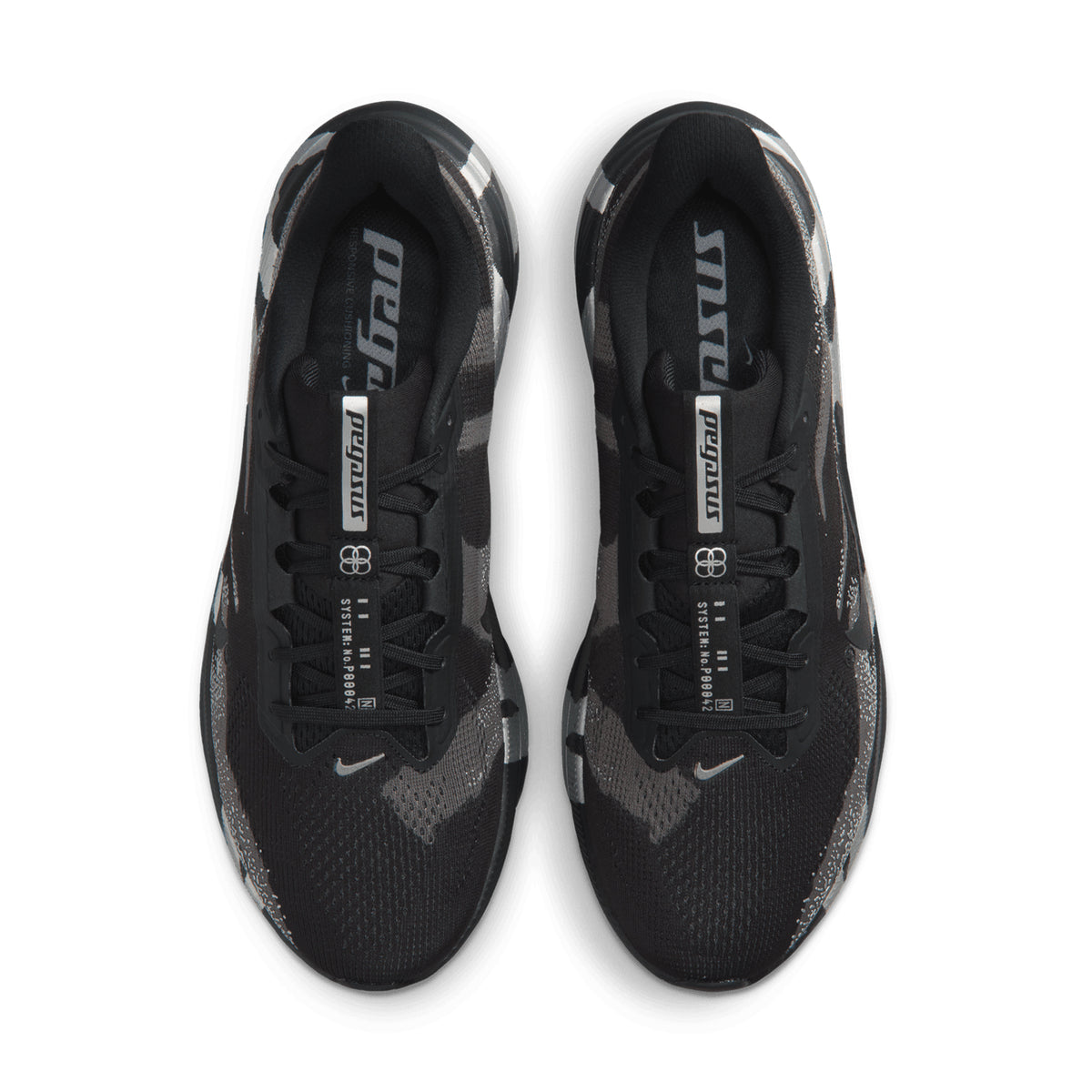 Nike Pegasus 42 men's running shoe in Black / Medium Ash / Metallic Silver — top-down view showing black lightweight mesh upper, wide toe box construction and lace closure with medium ash detailing