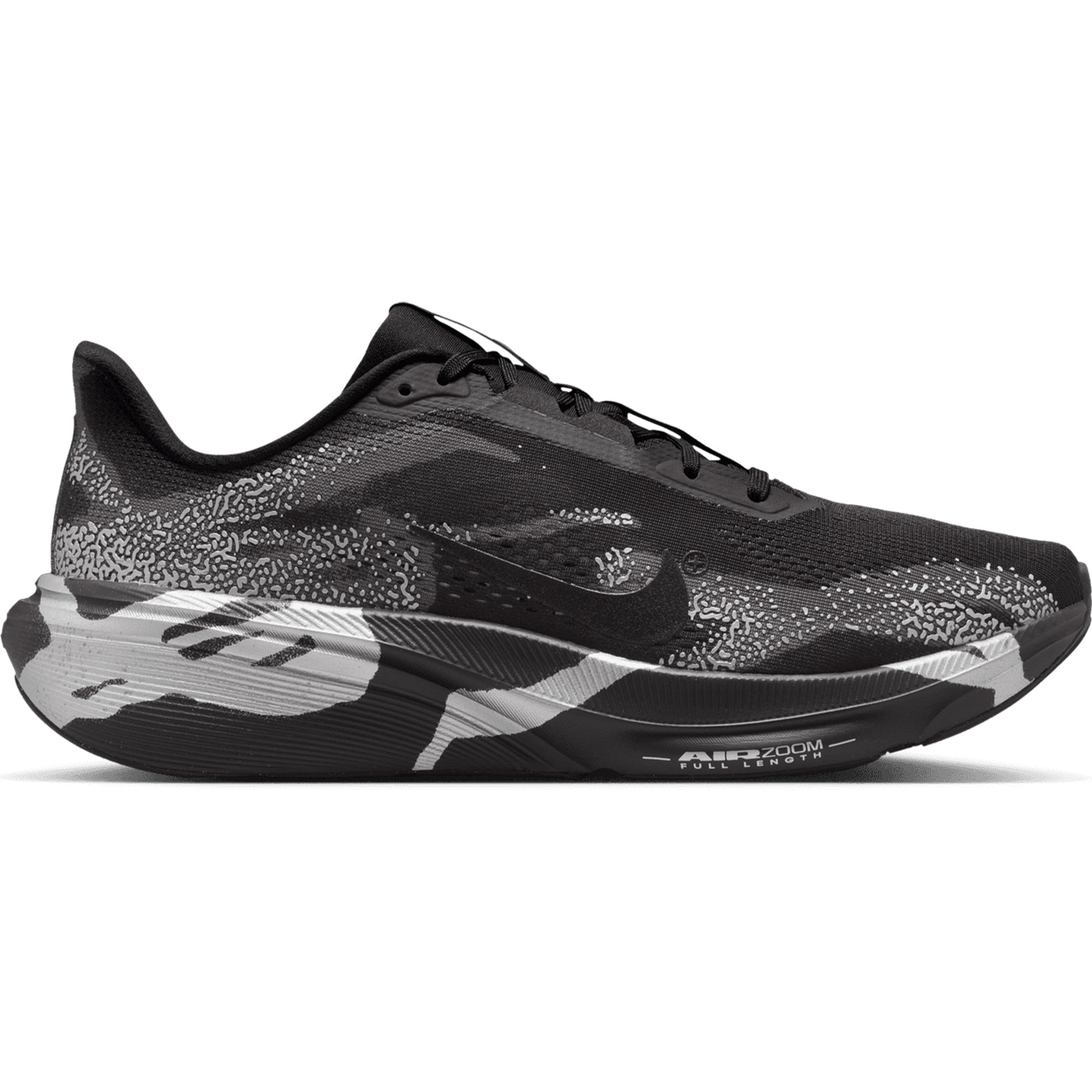 Nike Pegasus 42 men's running shoe in Black / Medium Ash / Metallic Silver — outer view showing black lightweight mesh upper with medium ash and metallic silver accent detailing and full-length Air Zoom ReactX midsole profile