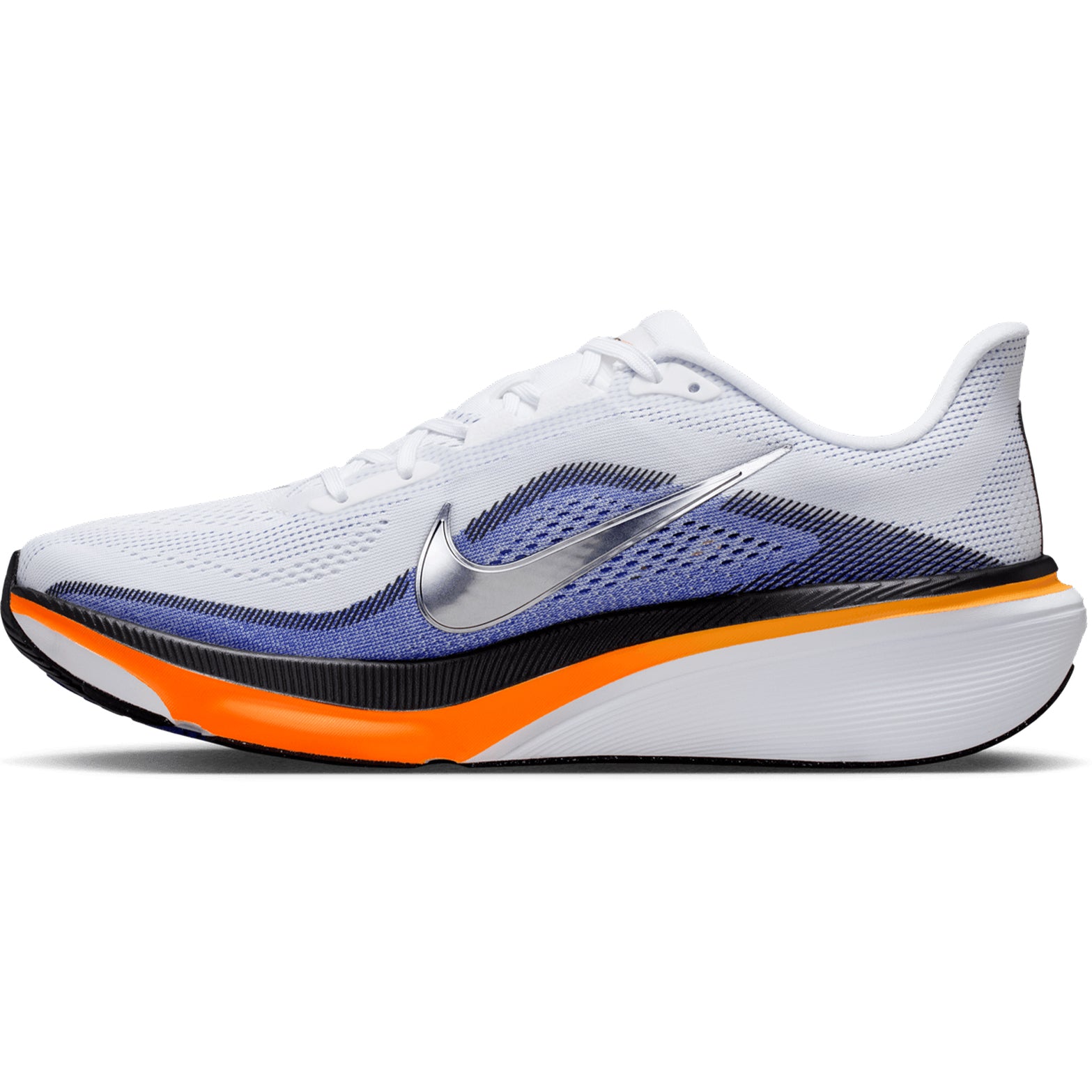 Men's Nike Pegasus 42 Running Shoes White Lapis Total Orange Metallic Silver inner side view showing ReactX foam with full-length Air Zoom for 13% more responsiveness during daily running