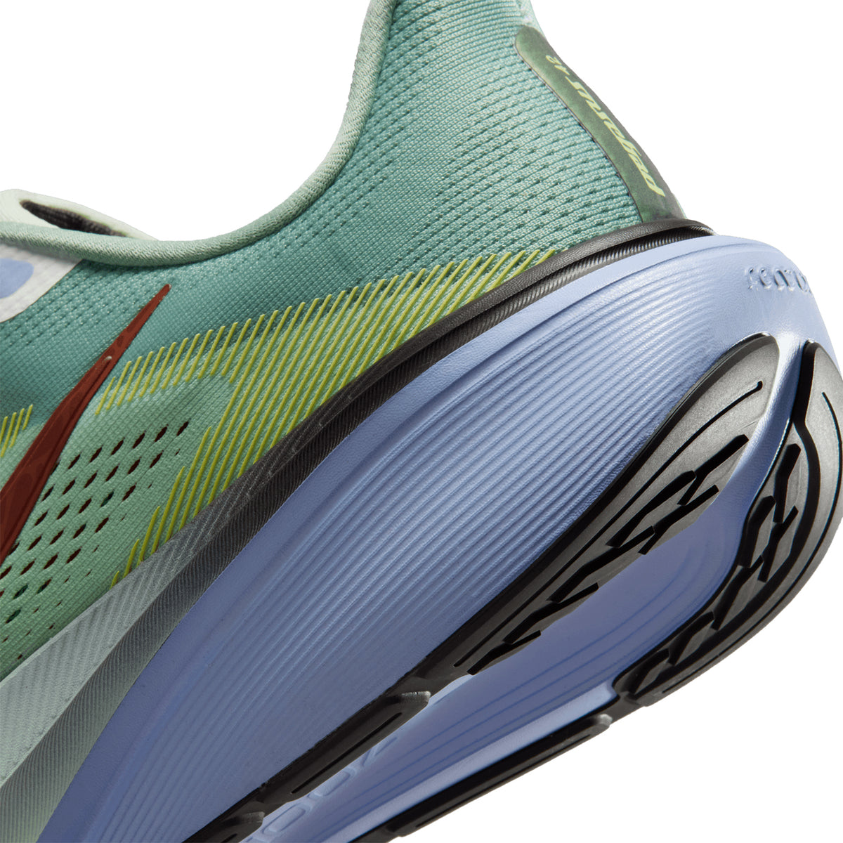 Men's Nike Pegasus 42 SE Running Shoes Steam Rugged Orange Frosted Spruce angled side and heel view showing sculpted full-length Air Zoom unit with ReactX foam midsole and greater toe spring for propulsive everyday road running
