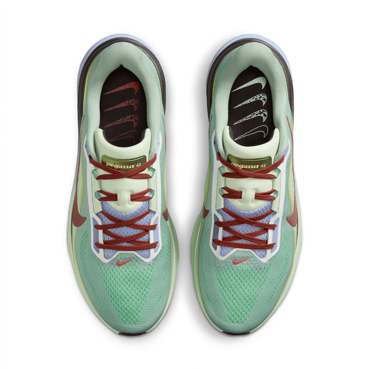 Men's Nike Pegasus 42 SE Running Shoes Steam Rugged Orange Frosted Spruce top view showing lightweight breathable mesh upper with updated wide toe box for extra forefoot room