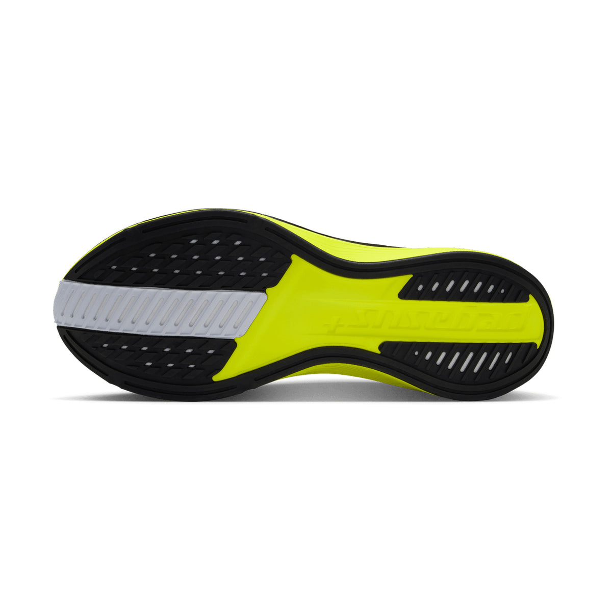 The black and neon yellow treaded rubber sole of a Men’s Pegasus Plus 2 Running Shoes Lemon Venom / Black / White.