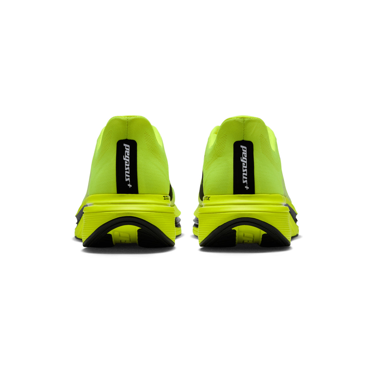 Back view of neon yellow and black Men’s Pegasus Plus 2 Running Shoes Lemon Venom / Black / White.