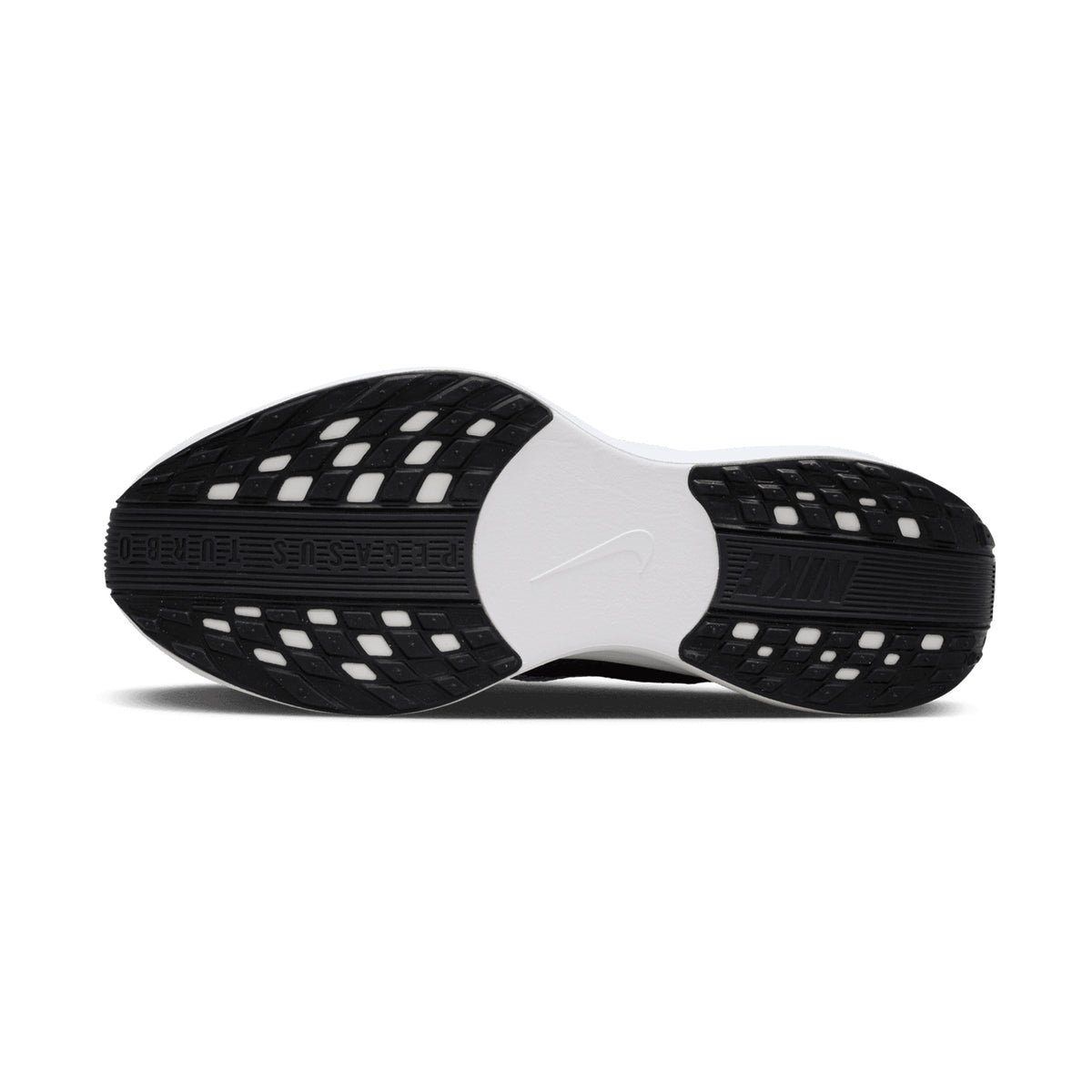 Men's Nike Pegasus Plus Running Shoes Black Pure Platinum Anthracite sole view displaying high-abrasion rubber outsole in key contact zones and ZoomX foam"