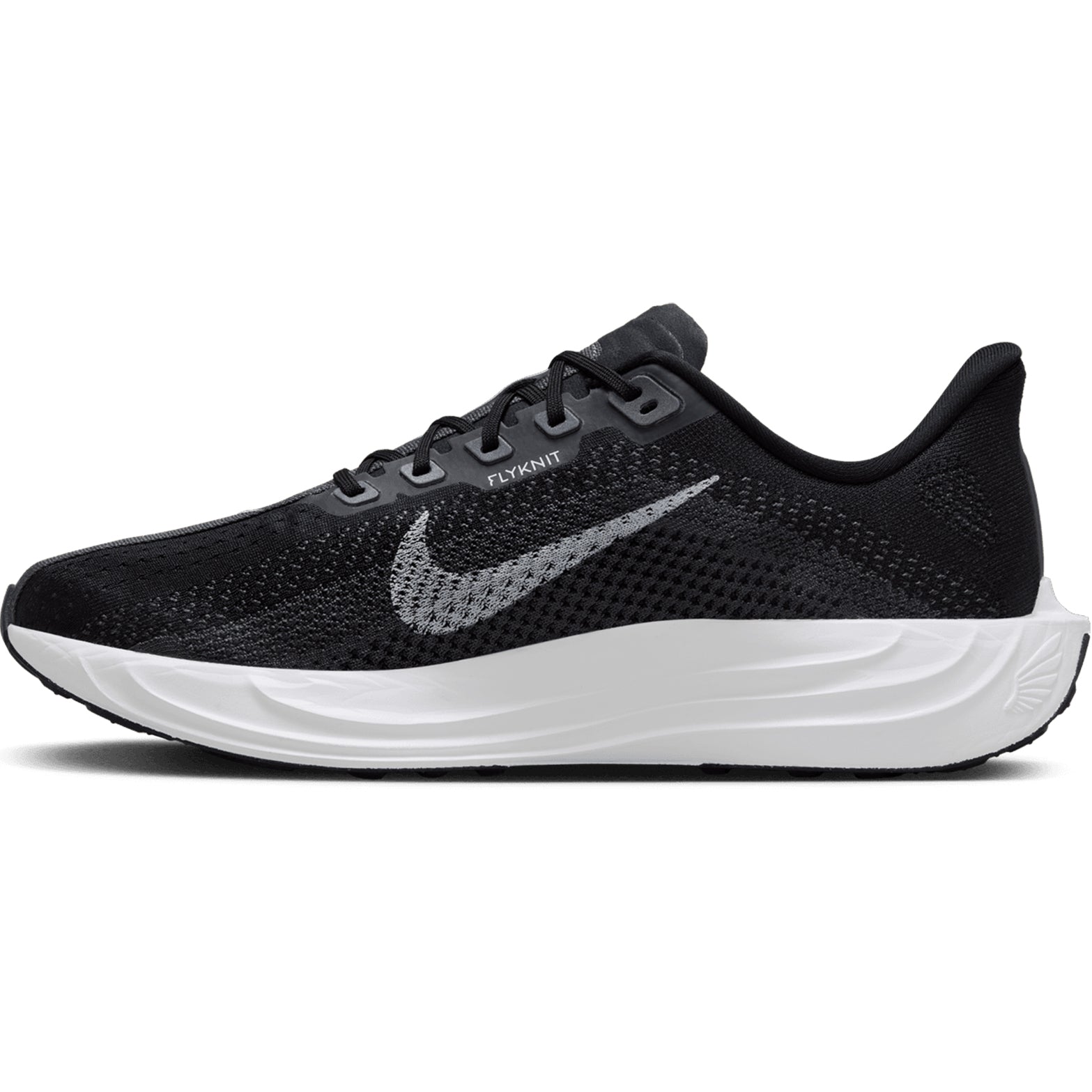 Men's Nike Pegasus Plus Running Shoes Black Pure Platinum Anthracite inner side view showing ZoomX foam cushioning and adaptive Flyknit fit