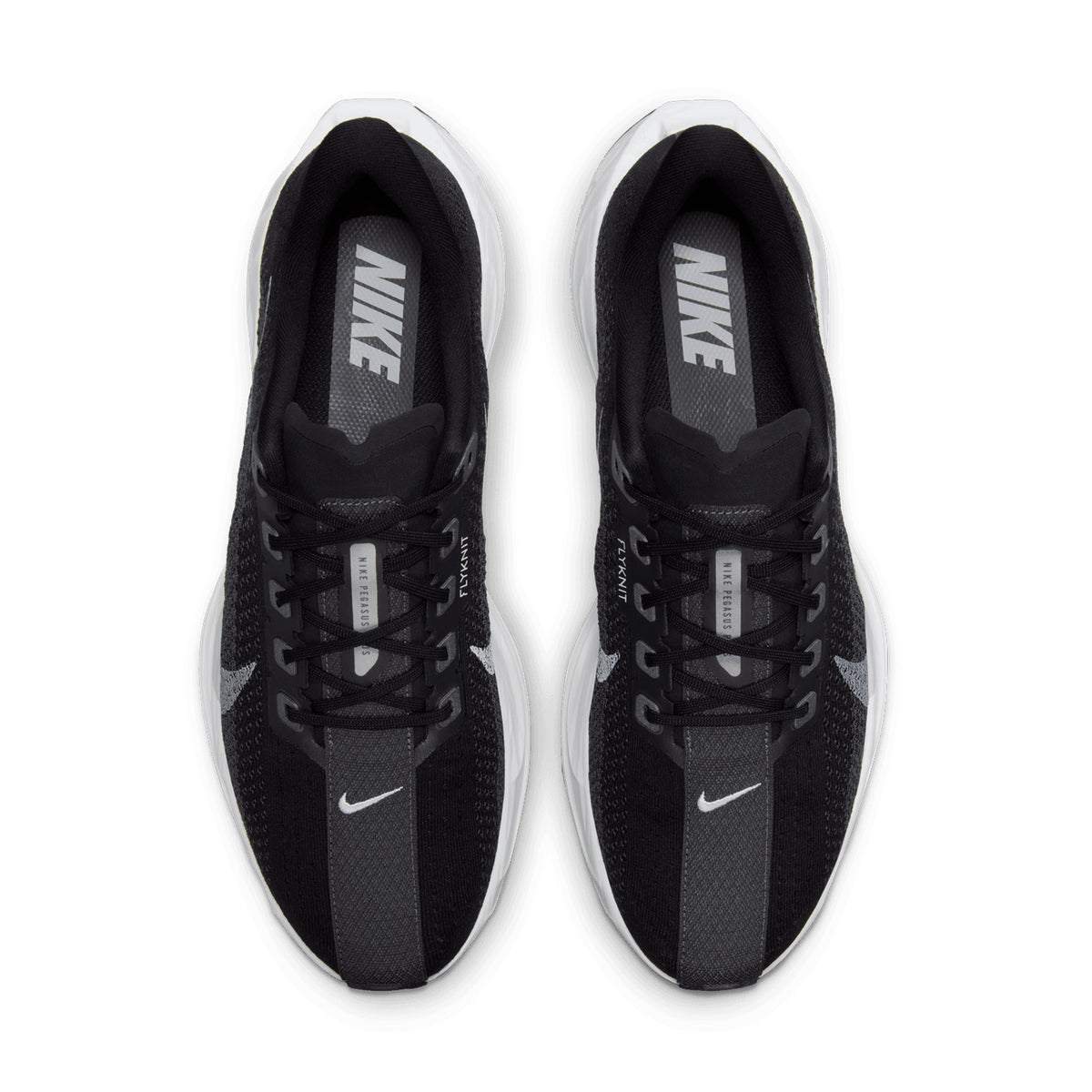 Men's Nike Pegasus Plus Running Shoes Black Pure Platinum Anthracite top view showing breathable Flyknit upper with strategic perforations and midfoot band