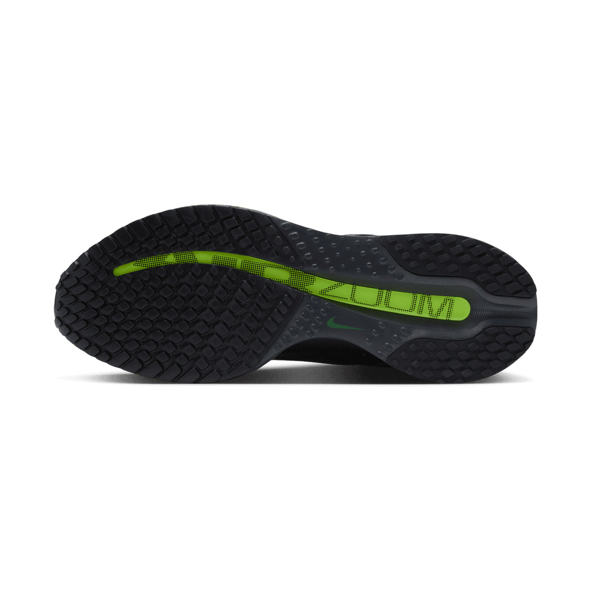 The image displays the black outsole of the Nike Men’s Pegasus Premium Running Shoes in Dark Shadow/Black/Yellow Venom, featuring a textured pattern and a striking yellow accent through the center with the word ZOOM. Engineered for exceptional energy return, these shoes offer triple-layer cushioning to boost comfort and performance with every stride.