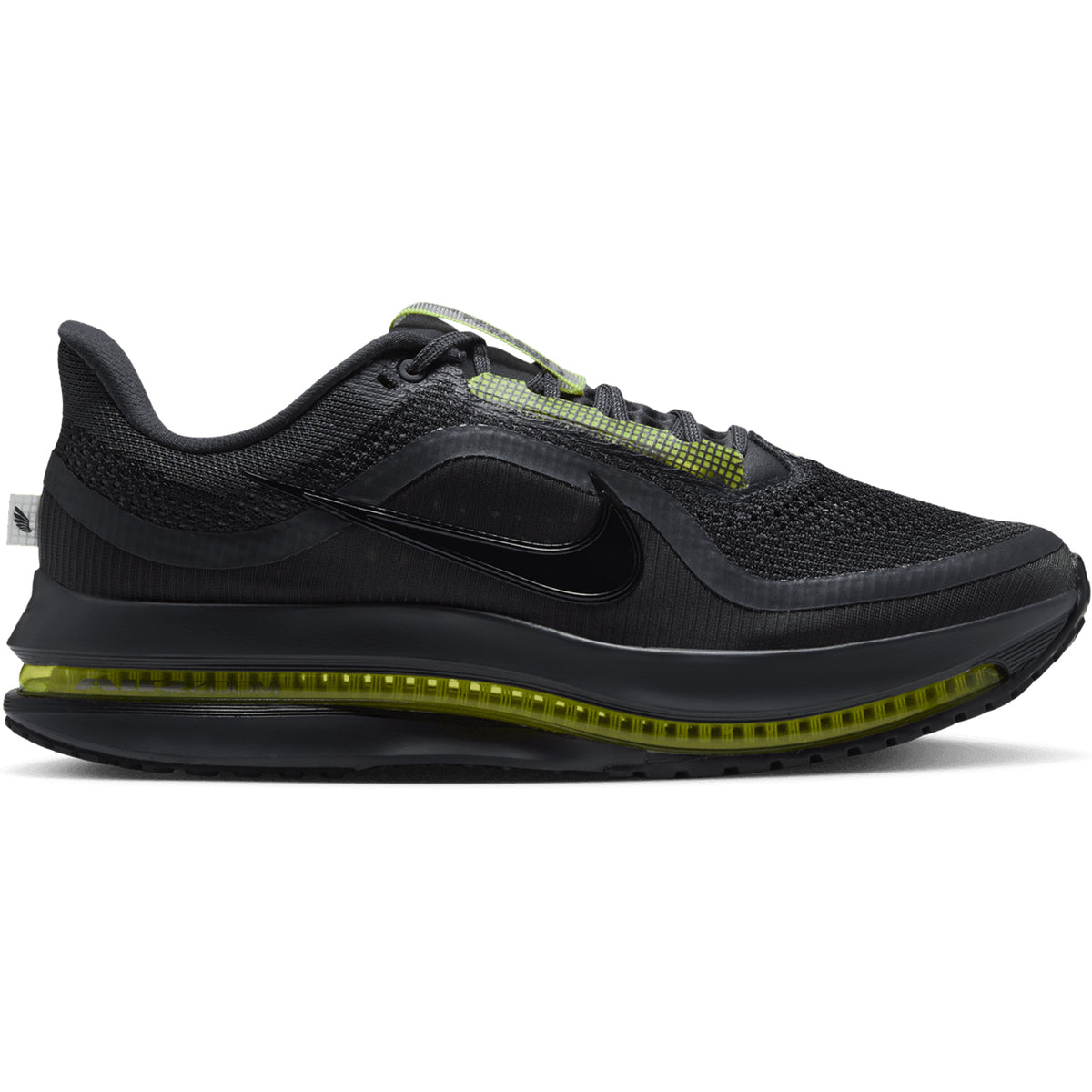 A side-profile view of the Nike Men’s Pegasus Premium Running Shoes in Dark Shadow/Black/Yellow Venom, featuring a breathable mesh upper, striking yellow accents, and a visible air-cushioned sole with triple-layer cushioning designed for enhanced energy return.