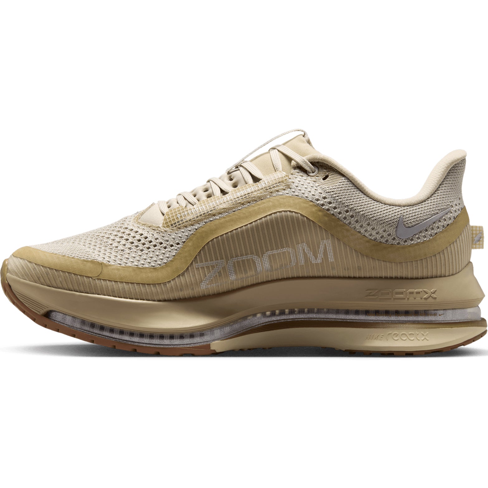 Men's Nike Pegasus Premium Running Shoes Desert Khaki Light Khaki Filbert Metallic Silver inner side view showing ZoomX foam platform with Air Zoom technology for responsive impact protection