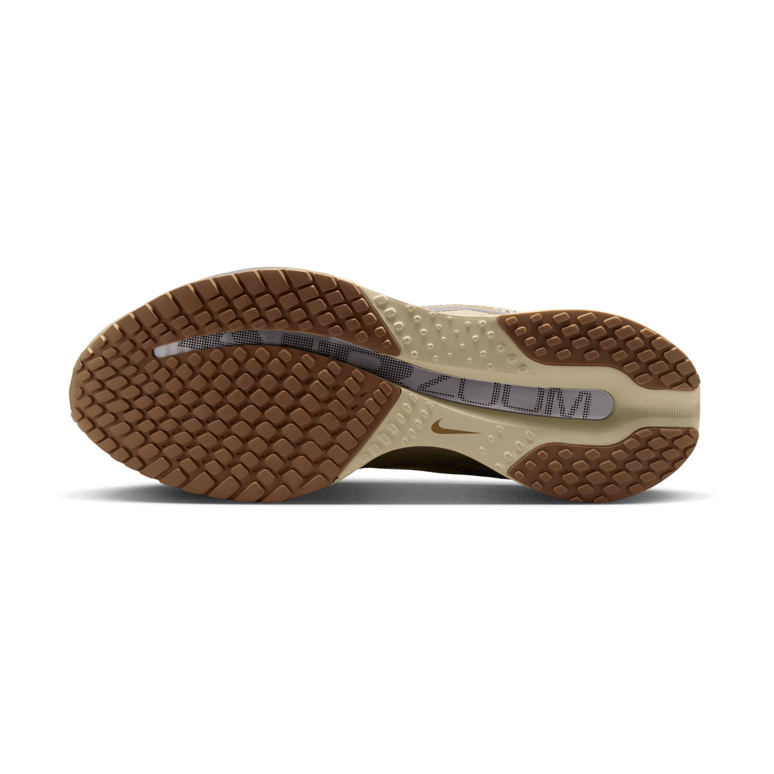 Men's Nike Pegasus Premium Running Shoes Desert Khaki Light Khaki Filbert Metallic Silver sole view displaying durable outsole with high-abrasion rubber for dependable road traction