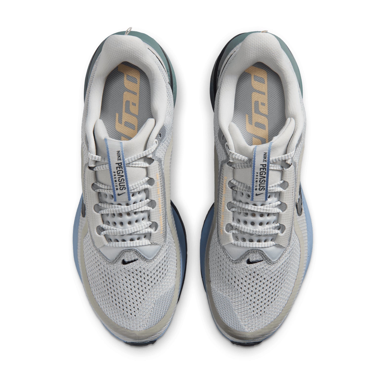 Nike Pegasus Premium men's running shoe in Grey Mist / Dark Obsidian / Mineral Slate — top-down view showing grey mist engineered mesh upper construction, lace closure and dark obsidian and mineral slate accent detailing