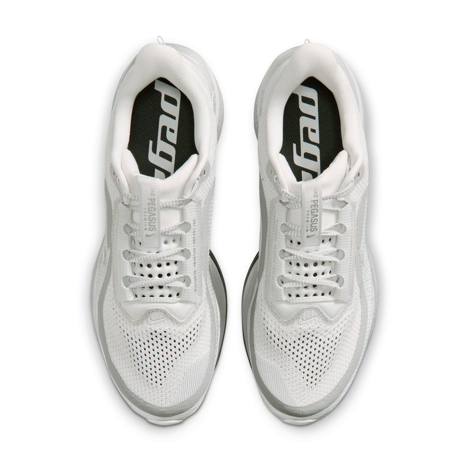 Nike Pegasus Premium men's running shoe in Photon Dust / Black / Metallic Silver — top-down view showing photon dust circular knit upper construction, lace closure and reflective details with black detailing