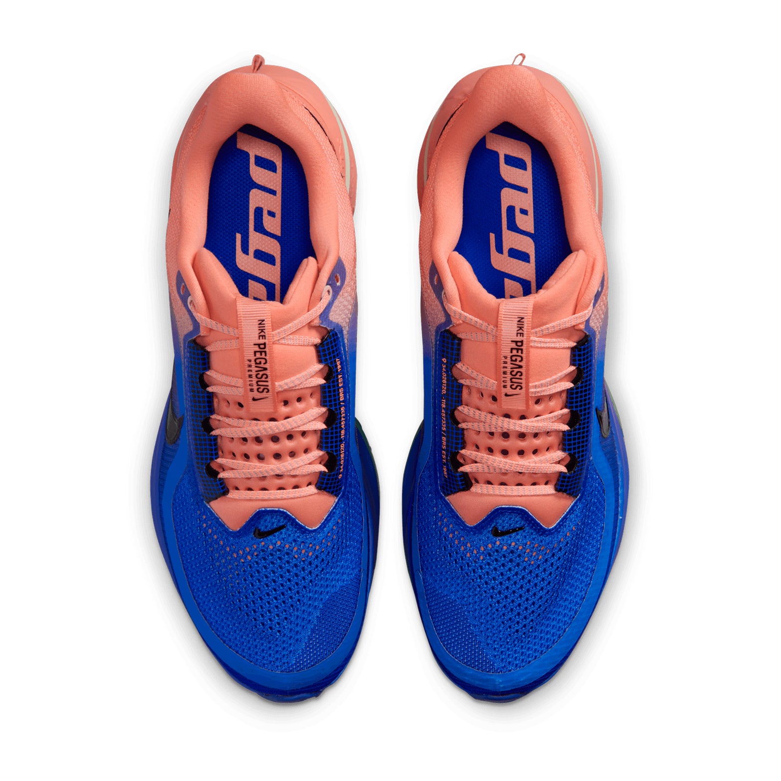 Men's Nike Pegasus Premium Running Shoes Racer Blue Atomic Pink Volt Tint top view showing engineered mesh upper with lightweight breathable construction for daily road running