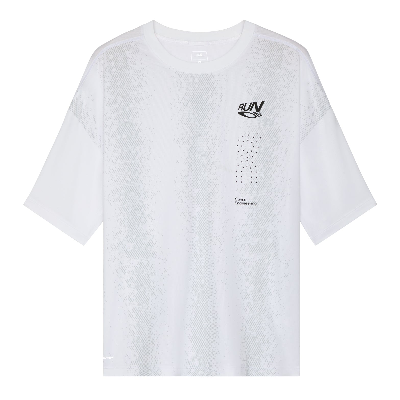 Men's On Performance Volt-T White product view showing relaxed fit with On DryTec quick-drying moisture-wicking fabric and expressive run-culture graphics