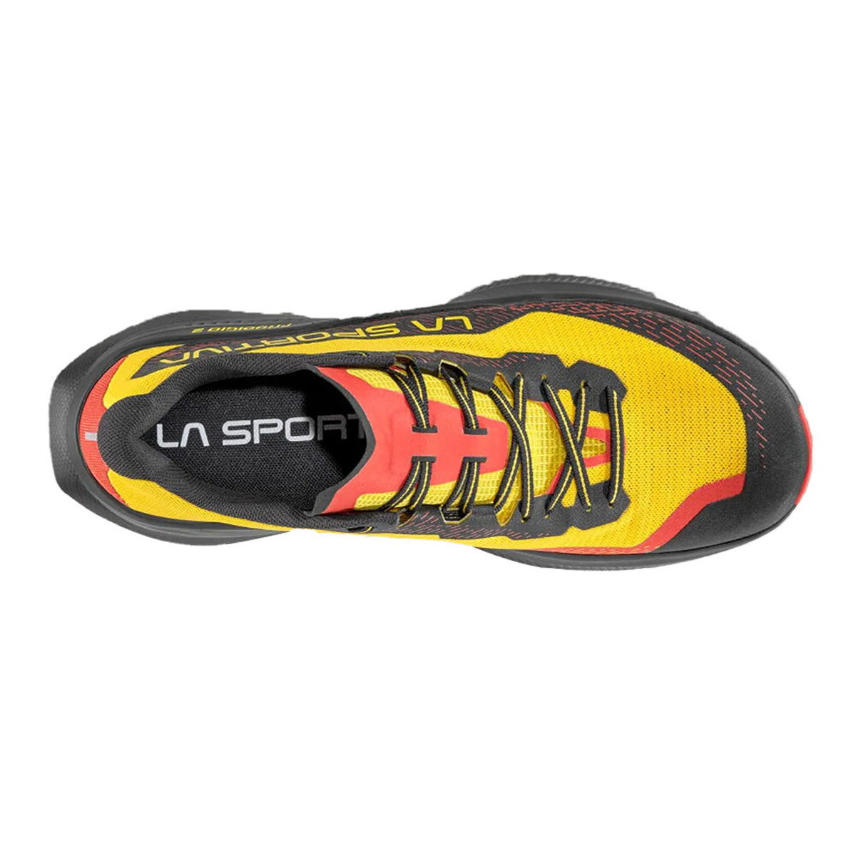 La Sportiva Prodigio 2 men's trail running shoe in Yellow / Black — top-down view showing yellow breathable high-tenacity 3D mesh upper construction, lace closure and black accent detailing