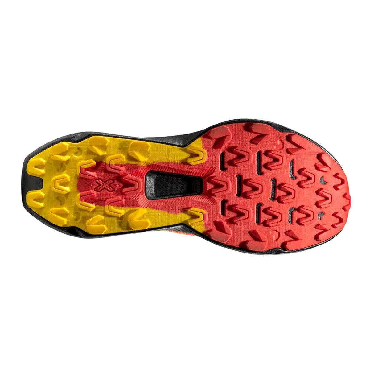 La Sportiva Prodigio 2 men's trail running shoe in Yellow / Black — outsole view showing dual-compound FriXion® Red grip pattern with 4mm lugs and black nitrogen-injected XFlow™ foam midsole stack profile