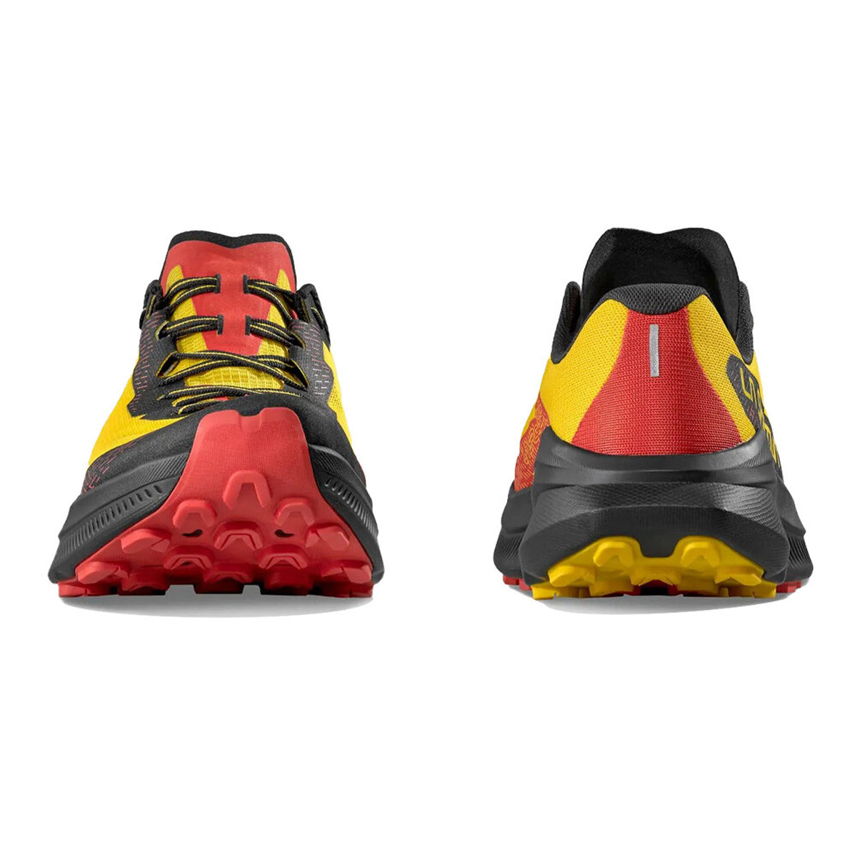 La Sportiva Prodigio 2 men's trail running shoe in Yellow / Black — heel and front combined view showing black heel cup and yellow breathable 3D mesh upper with front lace closure and black accent detailing on nitrogen-injected XFlow™ foam midsole