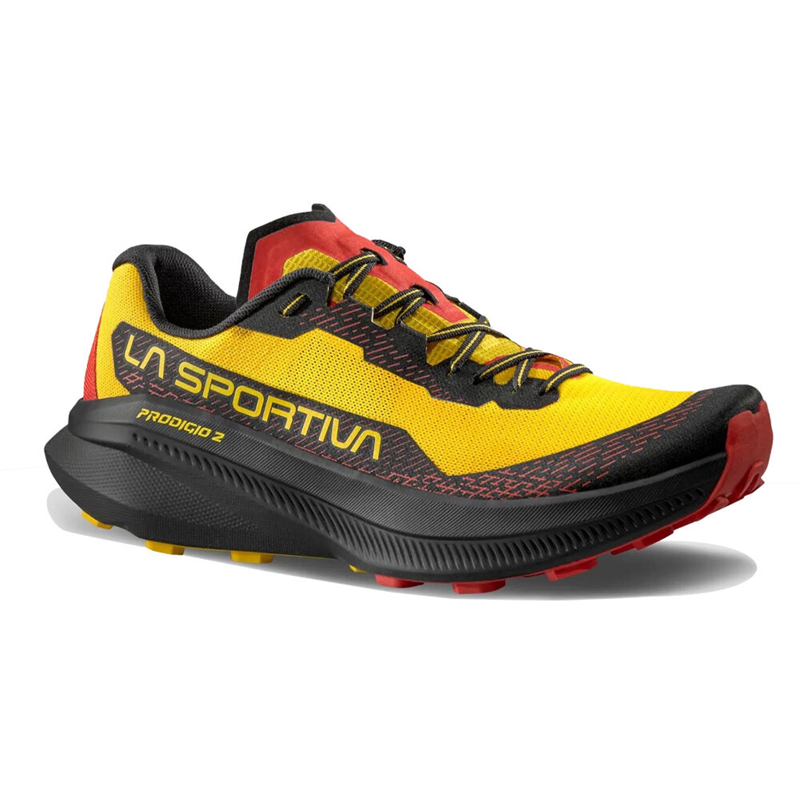 La Sportiva Prodigio 2 men's trail running shoe in Yellow / Black — angled side view showing yellow breathable 3D mesh upper, ergonomic wrapping system and black nitrogen-injected XFlow™ foam midsole stack with 34mm heel 28mm forefoot profile