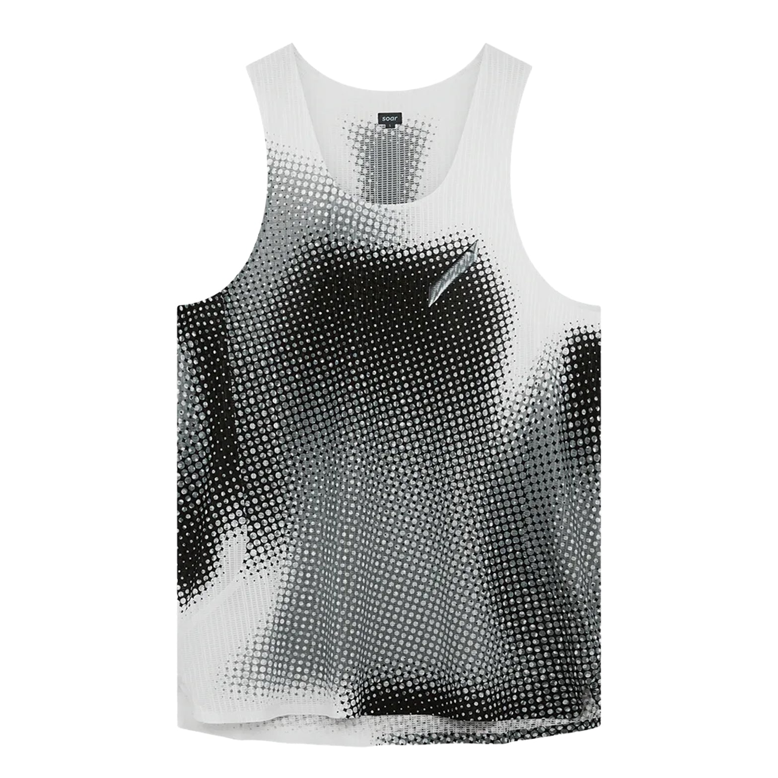 Men's Soar Race Vest 2.0 Black White Dot front view showing close aerodynamic fit, squared neckline and bonded seam construction