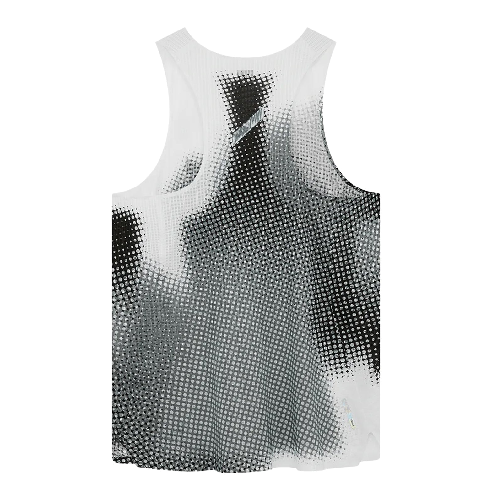 Men's Soar Race Vest 2.0 Black White Dot back view showing deeper back cut, film-bonded notched side split and 3D wicking Italian fabric