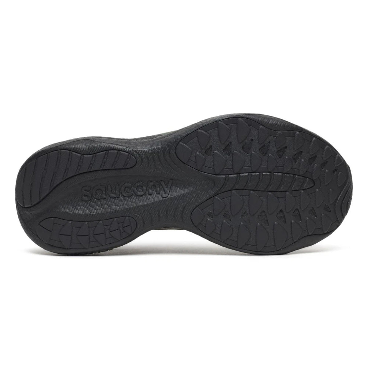 Men's Saucony Ride 19 Running Shoes Fatigue Black sole view displaying added flex grooves with enhanced forefoot durability for seamless stride transitions during daily training