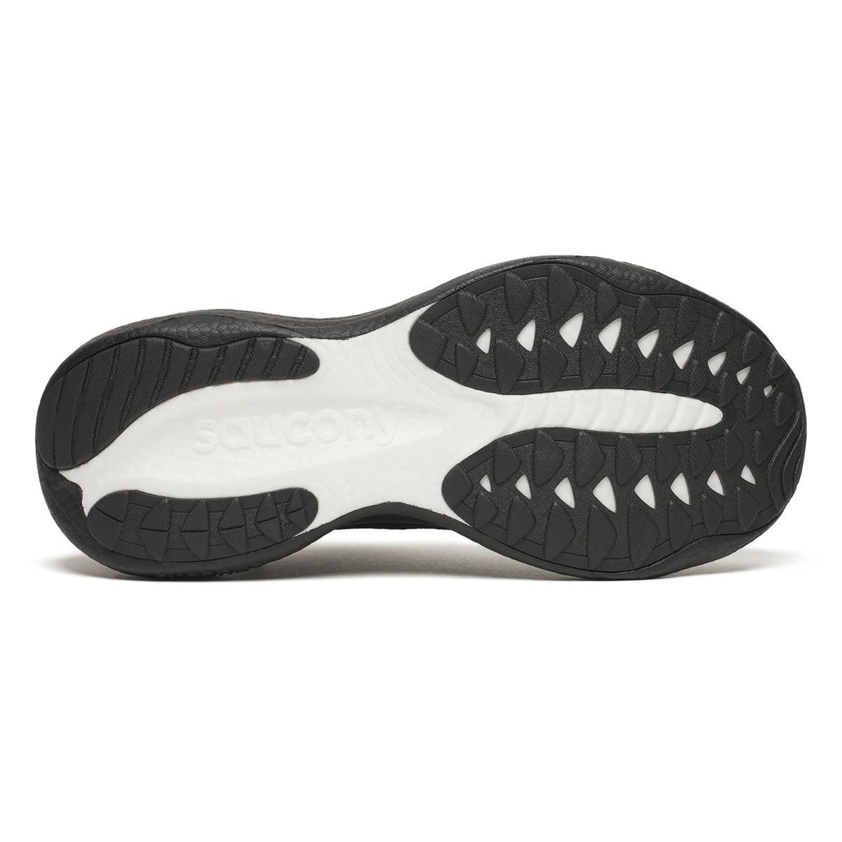 Men's Saucony Ride 19 Running Shoes Triple Black sole view displaying durable outsole with road traction pattern for daily training