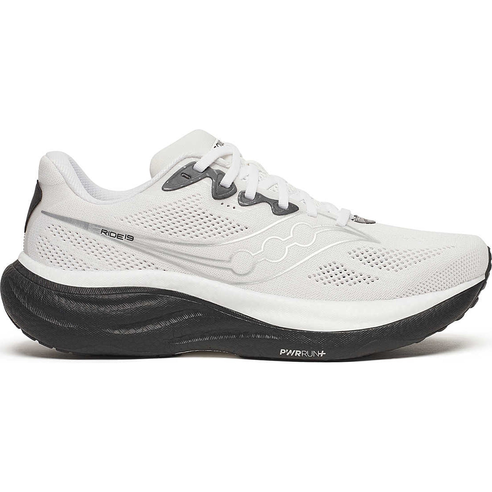 Men's Saucony Ride 19 Running Shoes White Black outer side view showing PWRRUN+ midsole and engineered mesh upper