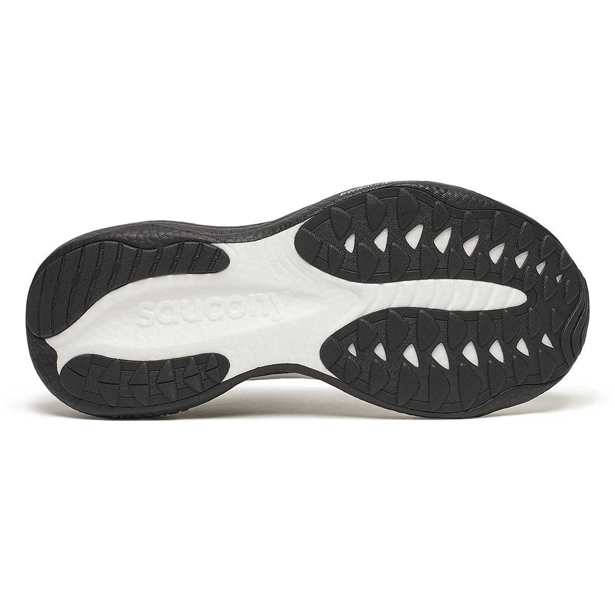 Men's Saucony Ride 19 Running Shoes White Black sole view displaying flex grooves and enhanced forefoot durability