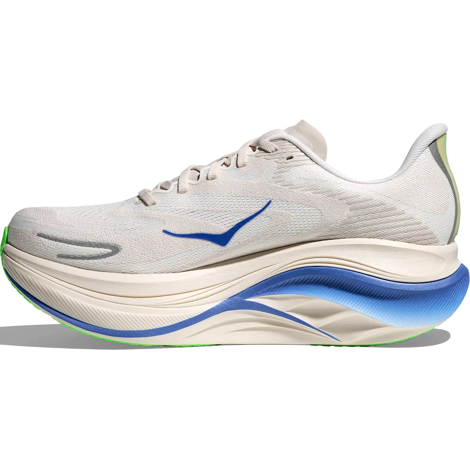 HOKA Skyward X 2 men's running shoe in Grout / Cobalt — inner view showing grout creel jacquard upper, cobalt midsole detailing, zonally padded tongue and Durabrasion rubber heel construction
