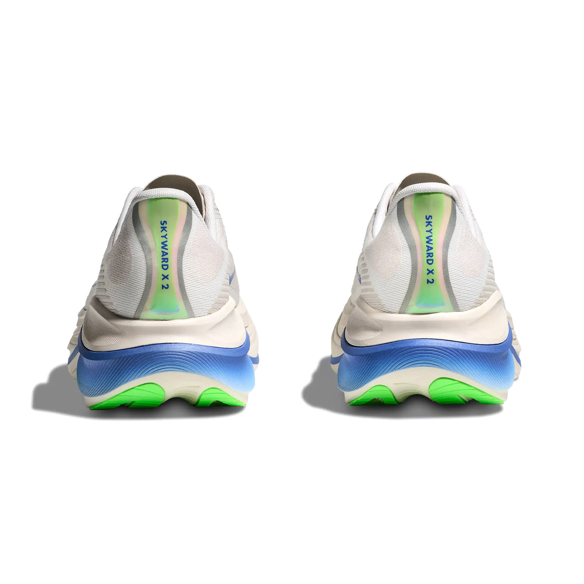 HOKA Skyward X 2 men's running shoe in Grout / Cobalt — heel view showing Durabrasion rubber heel construction, reflective detailing and cobalt PEBA foam midsole contrast