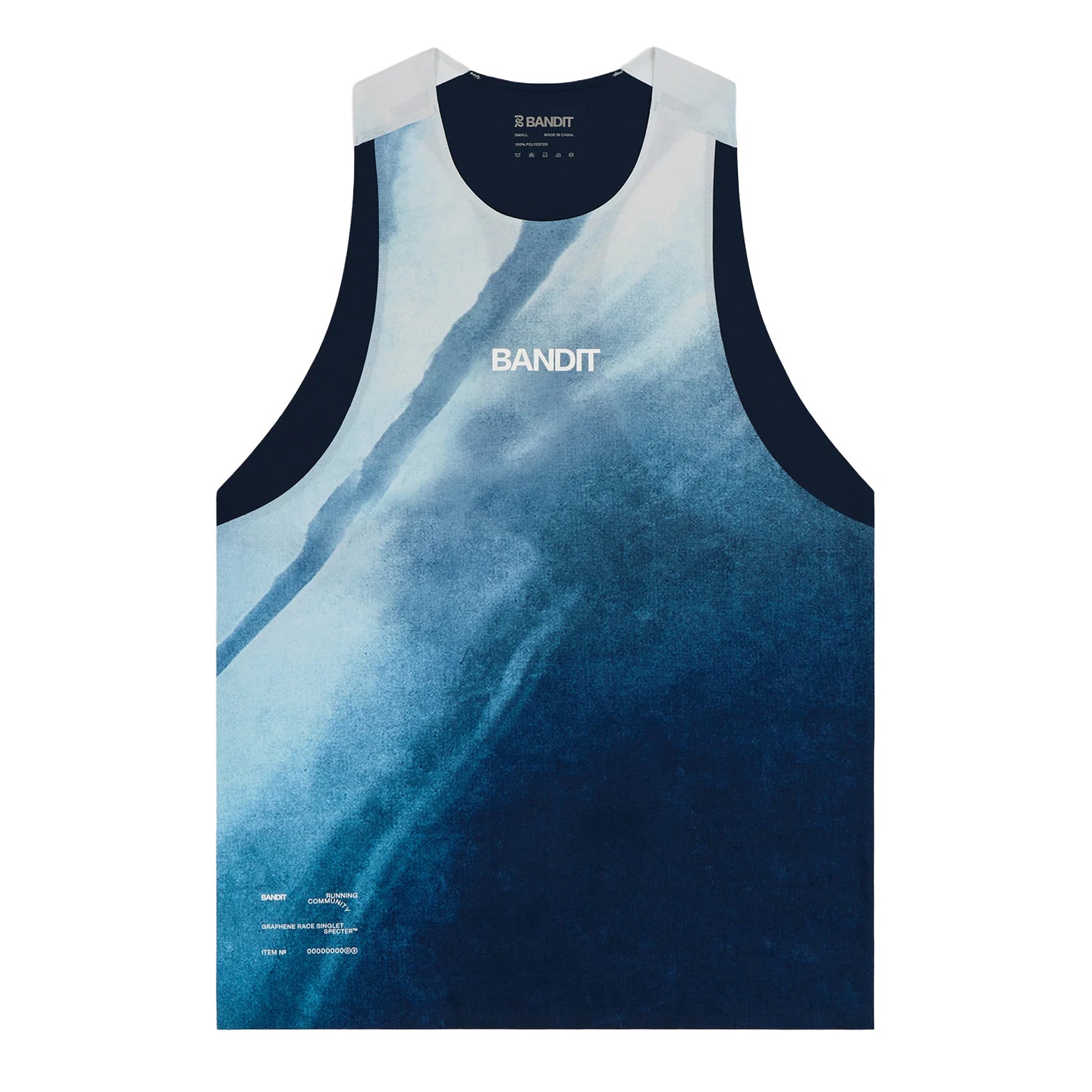 Bandit Specter Race Singlet men's in Undertow Ink Blue Multi — front product shot showing lightweight race silhouette, narrow straps, undertow ink blue multi Specter™ fabric and reflective graphic detailing