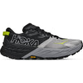 Men's HOKA Speedgoat 7 Trail Running Shoes Black Stellar Grey outer side view showing maximum cushioned midsole with Vibram Megagrip outsole and aggressive lugs for technical trail running