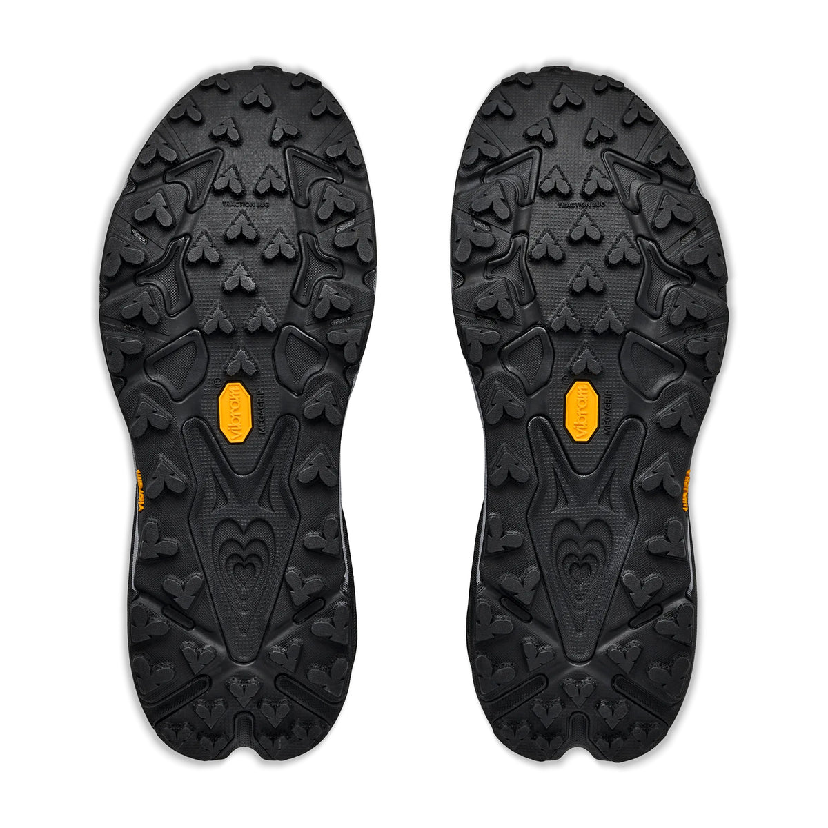 Men's HOKA Speedgoat 7 Trail Running Shoes Black Stellar Grey sole view displaying Vibram Megagrip outsole with aggressive lug pattern for maximum traction on technical trail terrain