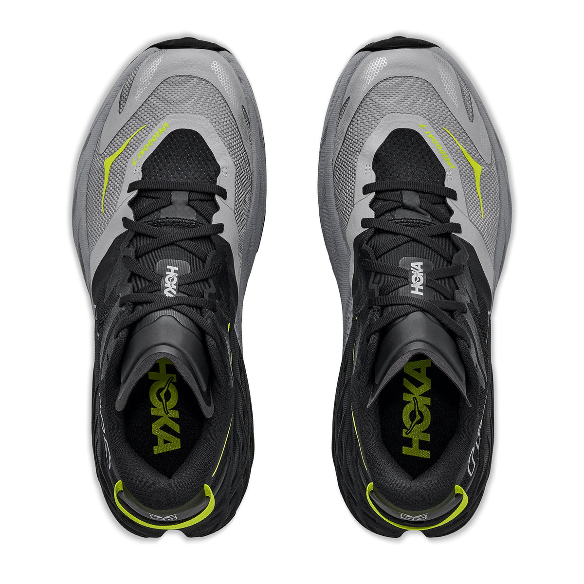 Men's HOKA Speedgoat 7 Trail Running Shoes Black Stellar Grey top view showing breathable trail upper construction with secure fit for technical mountain running