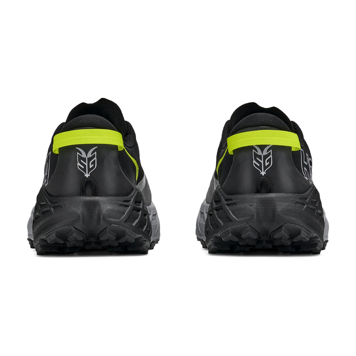 Men's HOKA Speedgoat 7 Trail Running Shoes Black Stellar Grey heel view showing maximum cushioning stack with Vibram Megagrip construction for protected technical trail running