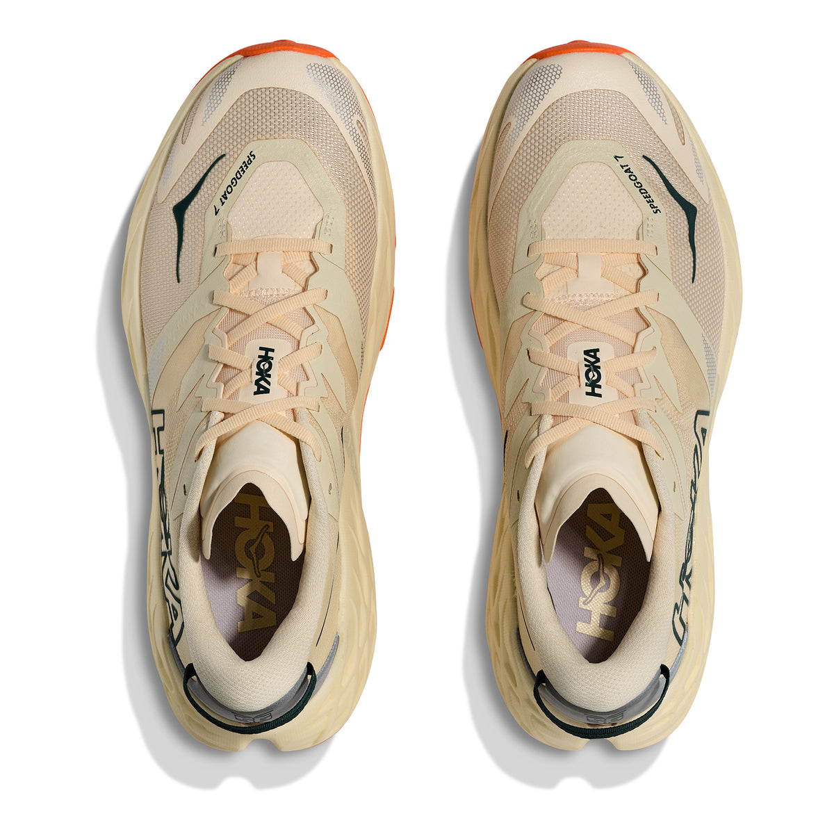Men's Speedgoat 7 Trail Running Shoes Vintage Yellow Turmeric top view showing dynamic vamp and lay-flat tongue