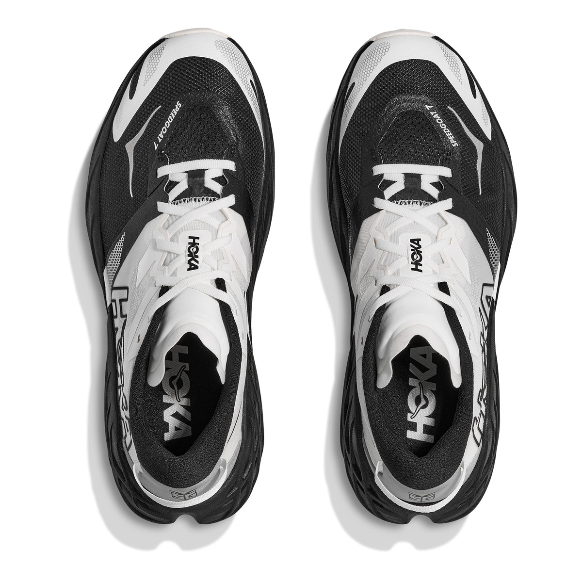 Men's Speedgoat 7 Wide Fit Trail Running Shoes Black White top view showing wide toe box and dynamic vamp