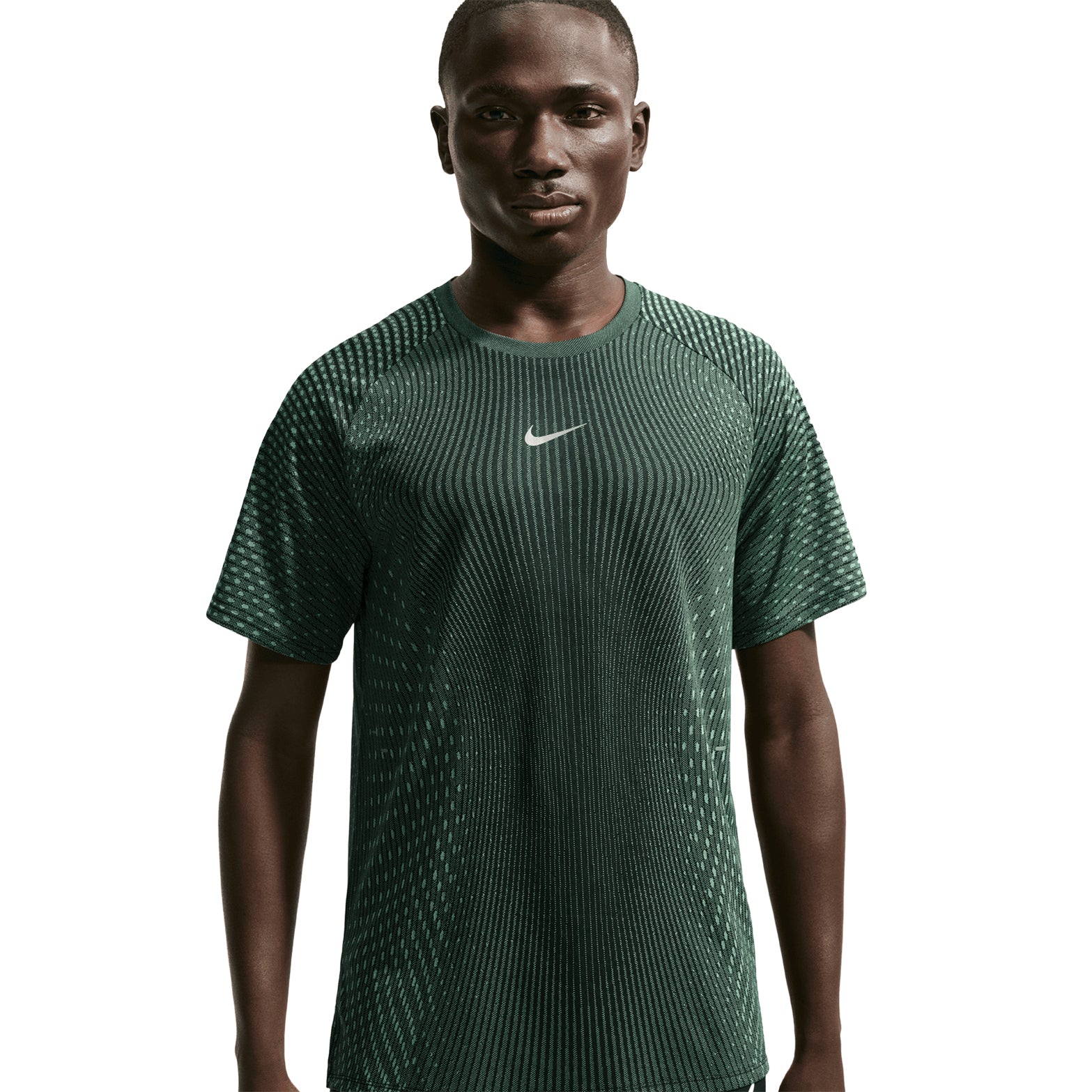Men's Nike Stride Aero-FIT Running Tee Black Light Green Spark front product view showing strategic mesh zones with Aero-FIT maximum breathability technology and lightweight knit construction
