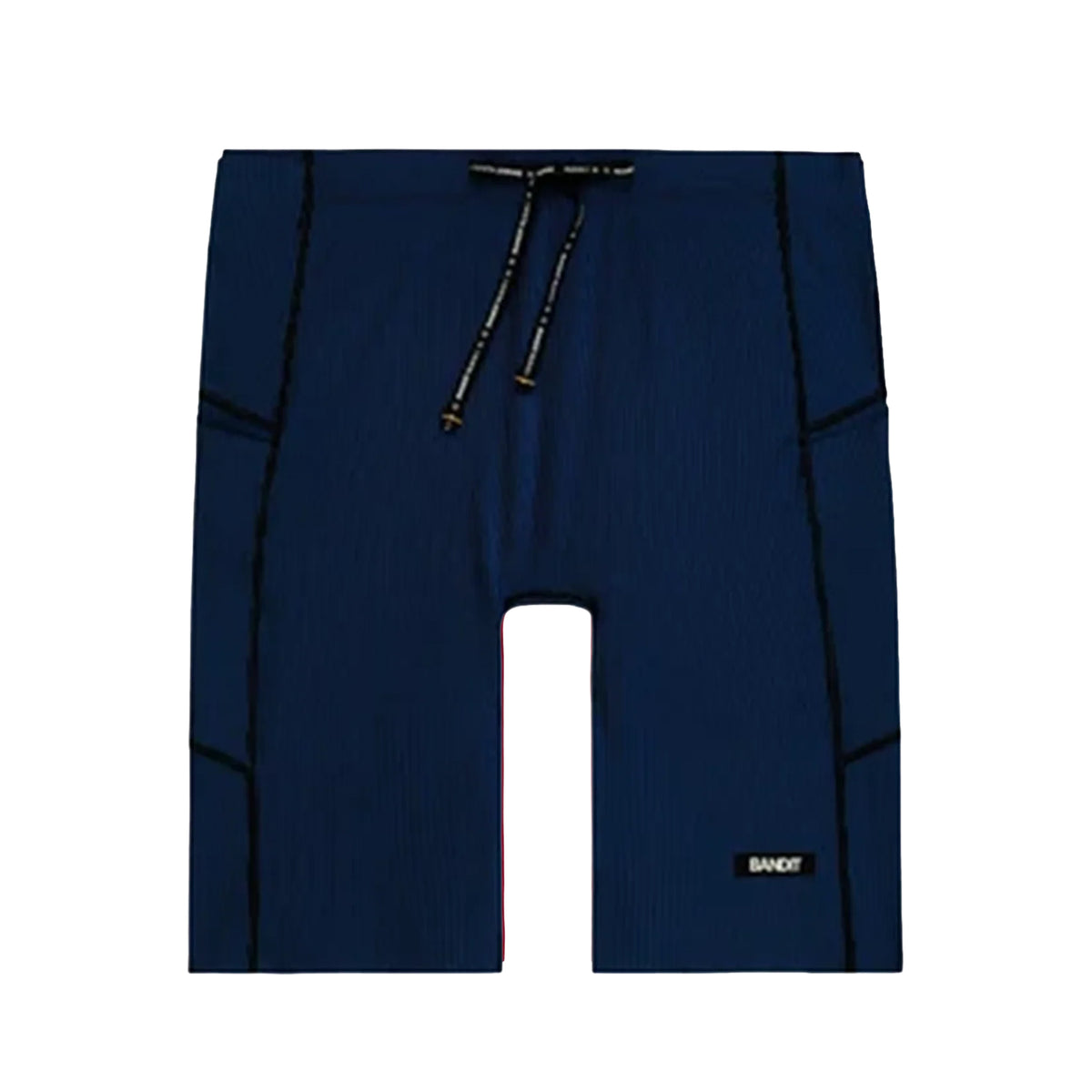 Men’s Striped Cadence Half Tights Black / Bauhaus Blue dark blue ribbed compression half tights with a drawstring waistband, a seven-pocket system, and black seam detailing.