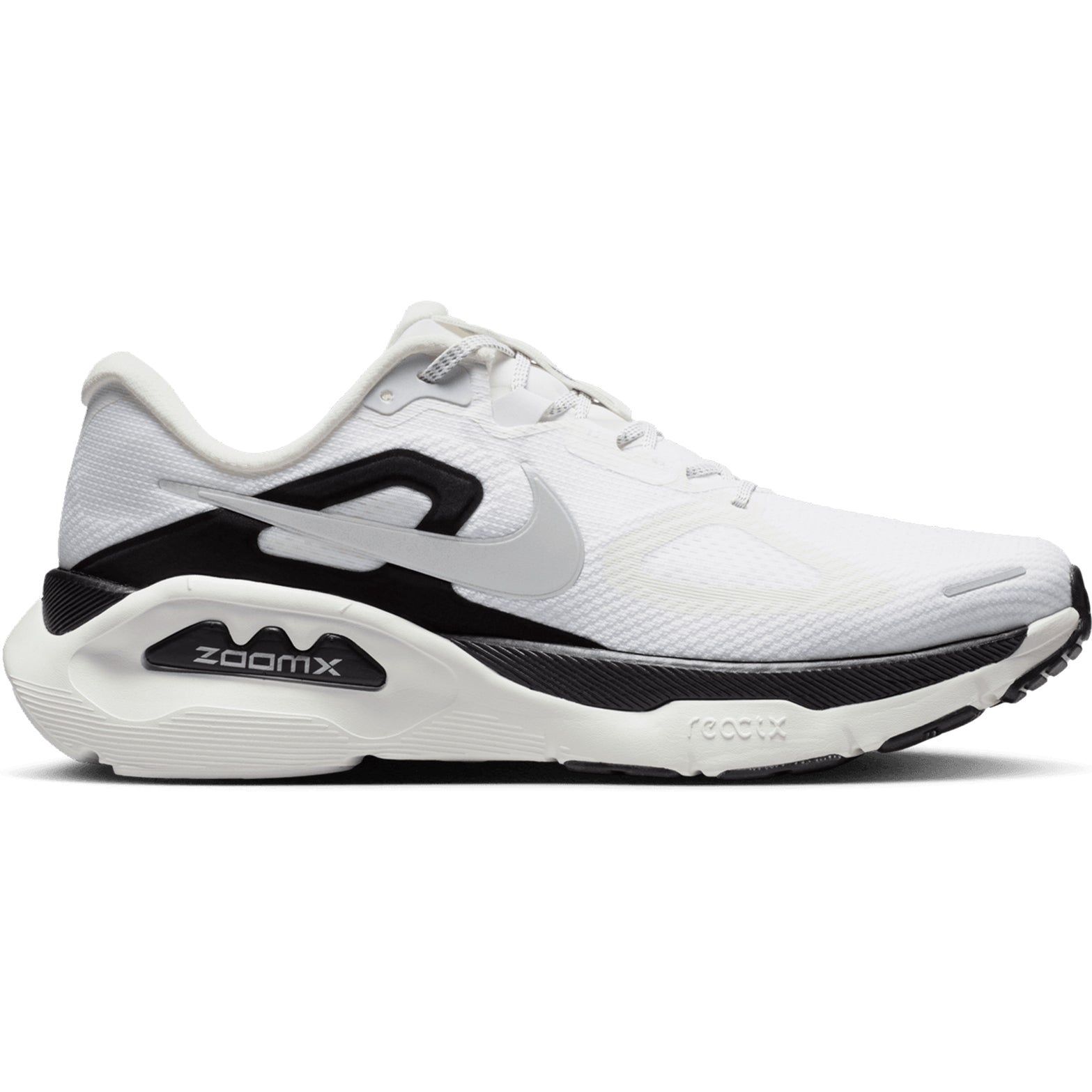 Men's Nike Structure Plus Running Shoes Summit White Black Metallic Silver outer side view showing double-stacked ZoomX and ReactX foam with midfoot support system for stability