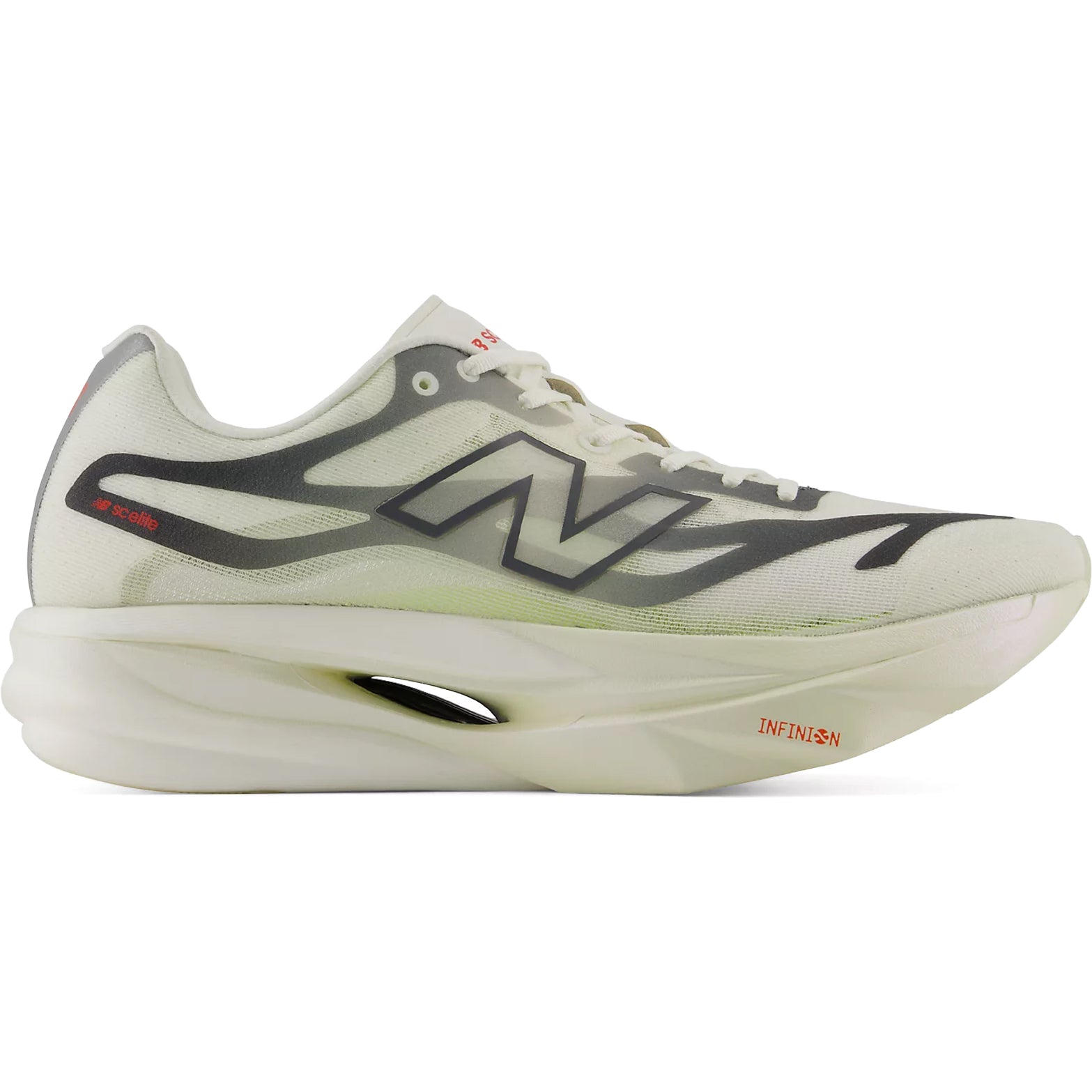 Men's New Balance SuperComp Elite v6 Running Shoes Pistachio Butter Sea Salt outer side view showing Infinion foam midsole with fine-tuned carbon fibre plate and sculpted geometric design for race day performance