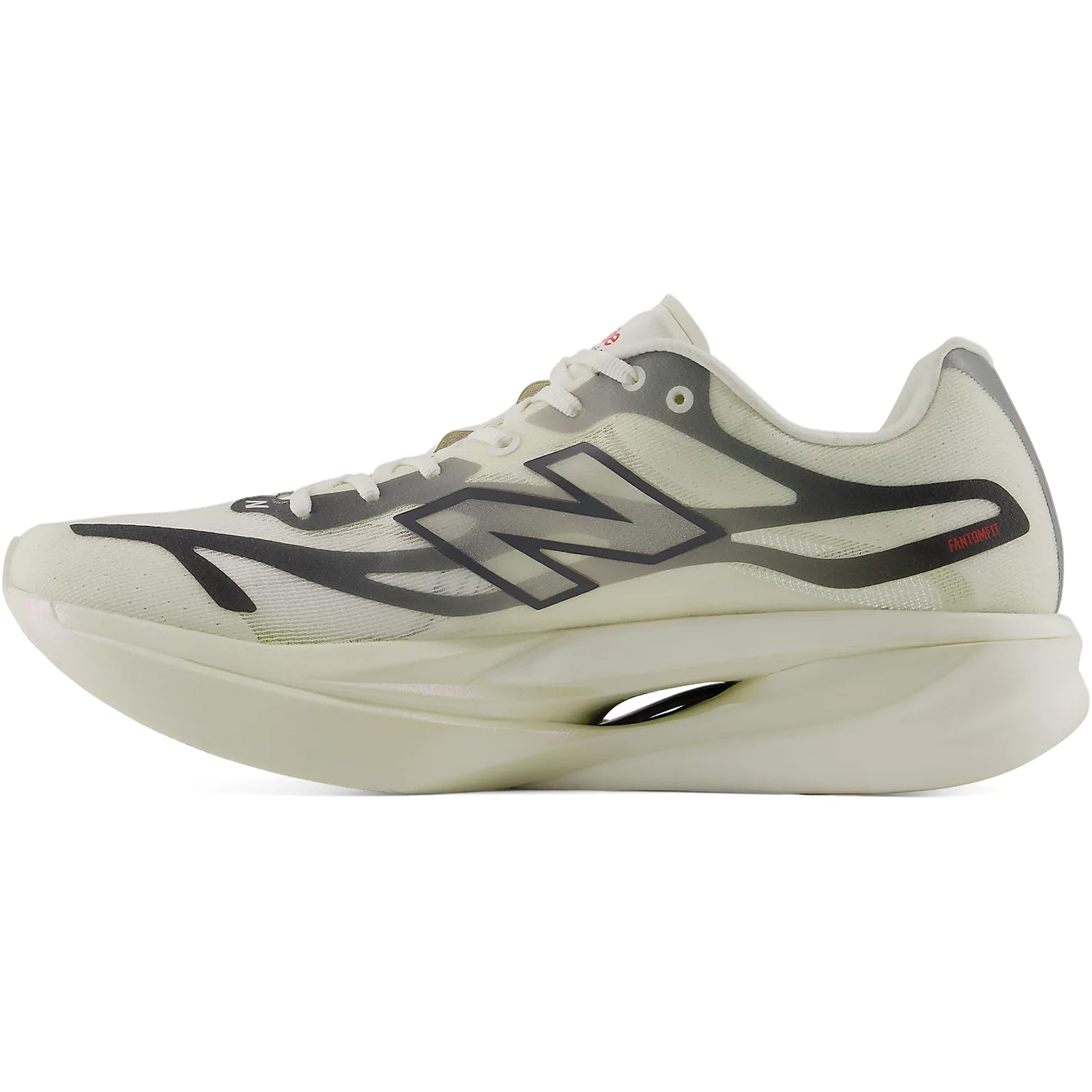 Men's New Balance SuperComp Elite v6 Running Shoes Pistachio Butter Sea Salt inner side view showing Infinion foam with carbon fibre plate thicker and stiffer at forefoot for propulsive race day energy return