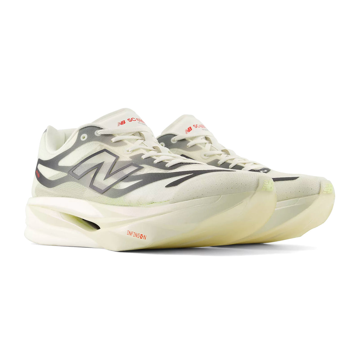 Men's New Balance SuperComp Elite v6 Running Shoes Pistachio Butter Sea Salt angled side view of pair showing Infinion foam midsole with fine-tuned carbon fibre plate, FANTOMFIT upper and sculpted geometric design for New Balance's most refined race day performance